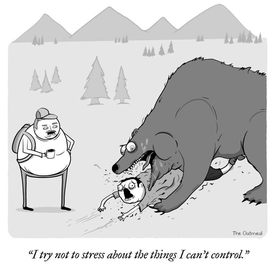 A cartoon showing a crazed bear (the broken US Health System) consuming a person (all of us) and another person looking on saying, "I try not to stress about the things I can't control" (who is also us).